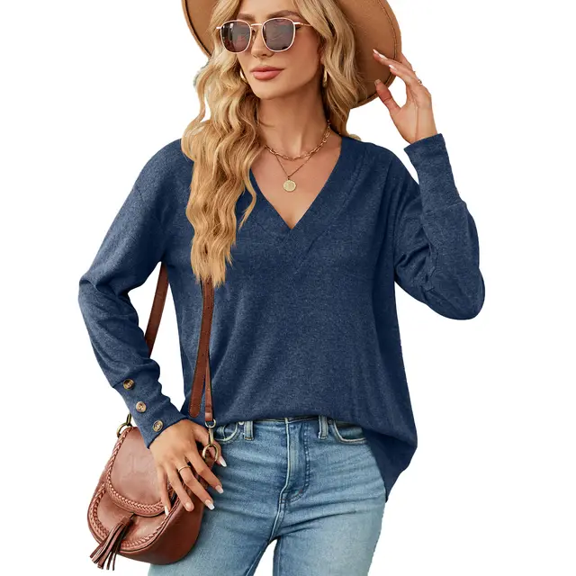Solid Color And V neck Loose Long Sleeve Button T shirt Top Royal Blue - Shop at LoveMi