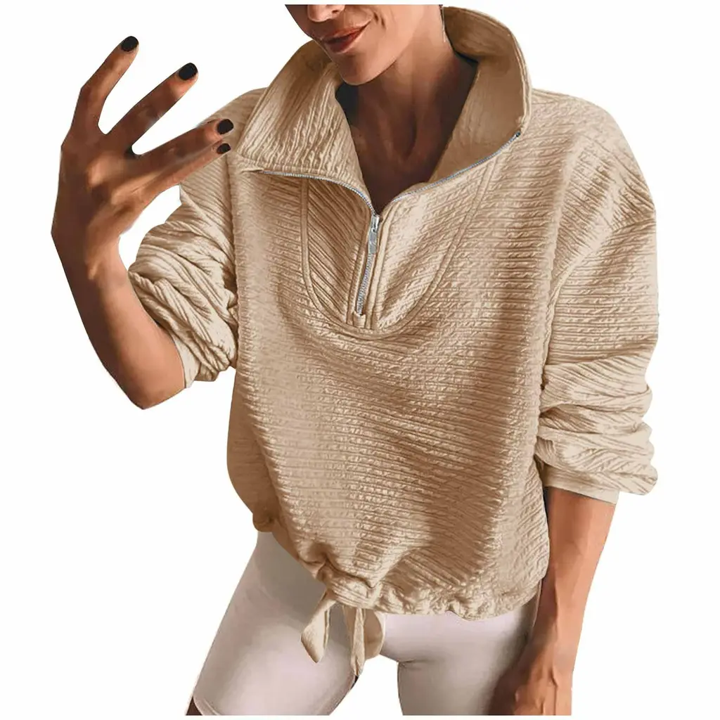 Half Zipper Sweatshirt Lapel Drawstring Spring And Autumn Winter Sweater - Beige