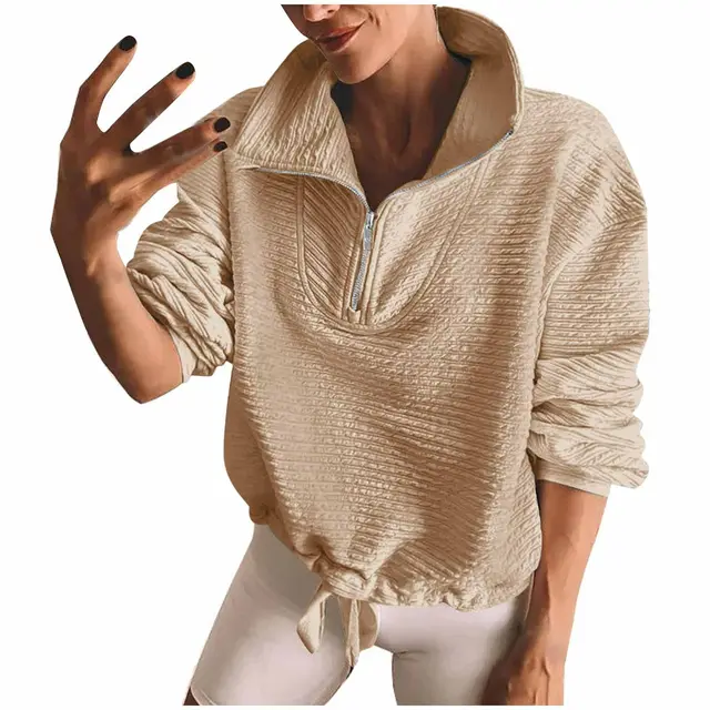 Half Zipper Sweatshirt Lapel Drawstring Spring And Autumn Winter Sweater Beige - Shop at LoveMi