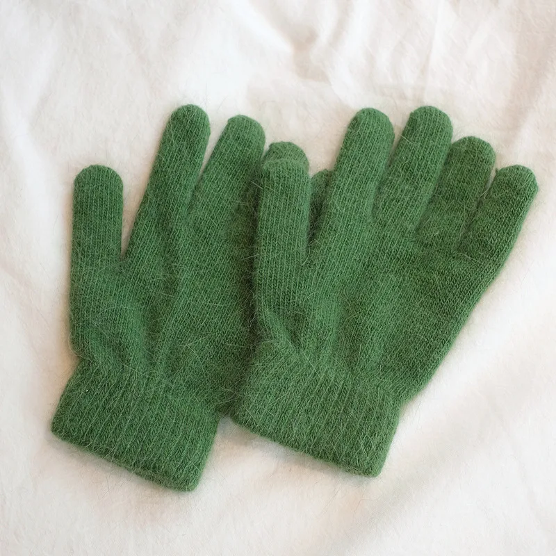 Women's Winter Finger Knitting Cute Monochrome Girl Versatile Pure Color Warm Gloves - Green