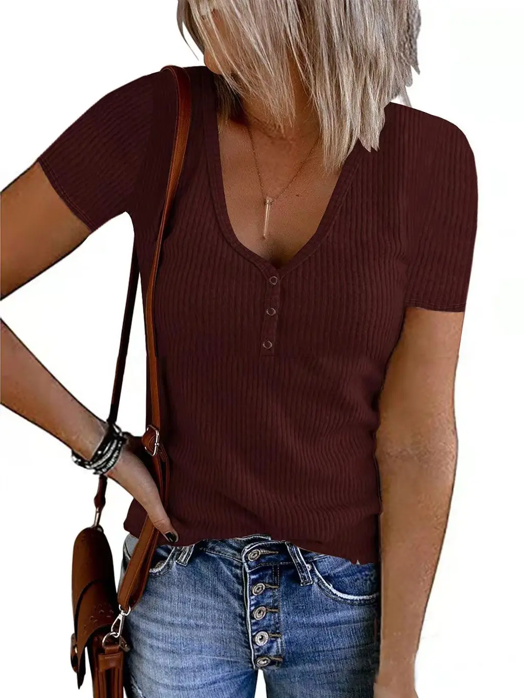 Summer New European And American Button Vest Solid Colour And V-neck - Wine Red