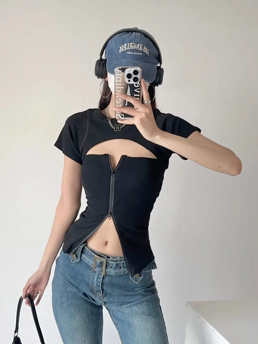 Women's Slim-fit Zipper Tube Top Short Sleeve Small Waistcoat Top - Black