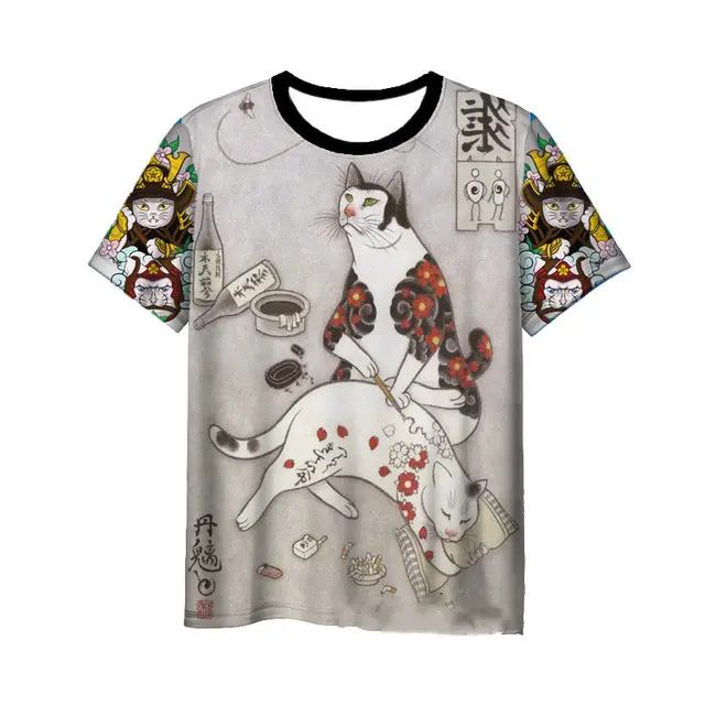 Japanese Samurai Cat 3D Digital Printing Men's Round Neck Short Sleeve 7Style - Shop at LoveMi