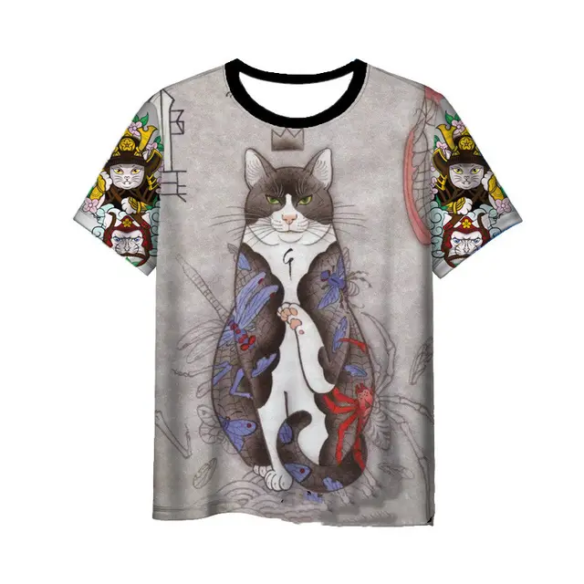 Japanese Samurai Cat 3D Digital Printing Men's Round Neck Short Sleeve 8Style - Shop at LoveMi