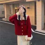 Women's Retro Lazy Style Loose Short Cardigan Doll Collar Christmas Sweater Sweater - Red