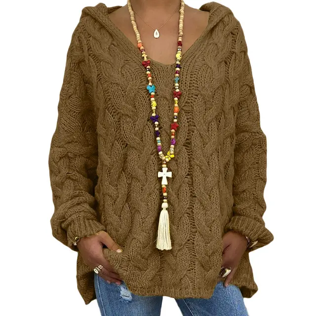 Solid Color Twist Knitted Hoodie Sweater For Women Brown - Shop at LoveMi