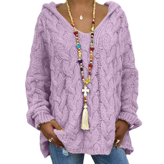 Solid Color Twist Knitted Hoodie Sweater For Women Purple - Shop at LoveMi