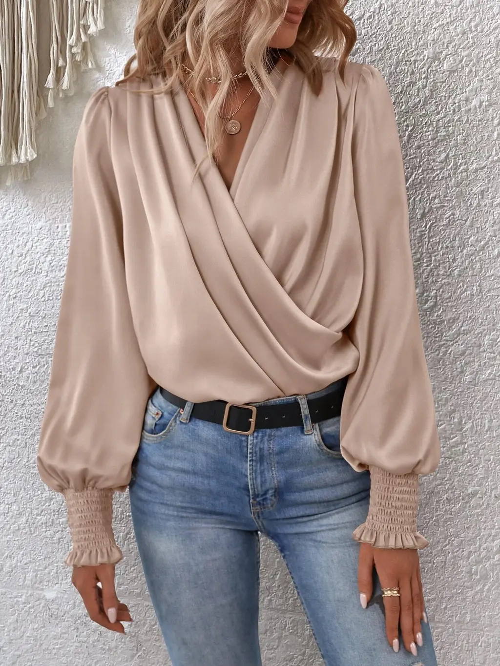 Women's Elegant Women's V-neck Lantern Sleeve Style Solid Color Shirt - Apricot