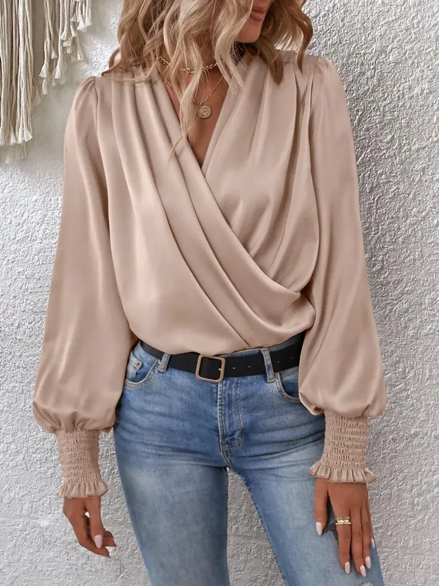 Women's Elegant Women's V neck Lantern Sleeve Style Solid Color Shirt Apricot - Shop at LoveMi