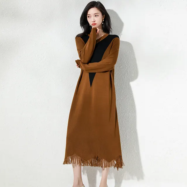 Mid length Knitted Ice Silk Stitching Thin Tassel Dress 58605 Magic Coffee Maxi Dress - Shop at LoveMi