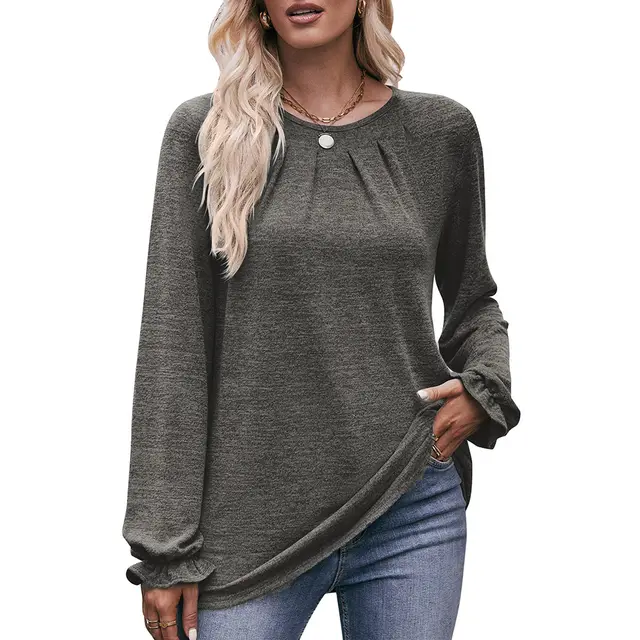 Autumn Women's Casual Round Neck Pleated Brushed T shirt Long Sleeve Top Dark Gray - Shop at LoveMi