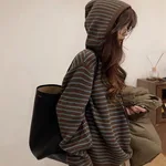 Thick Contrast Color Loose And Idle Striped Hooded Pullover