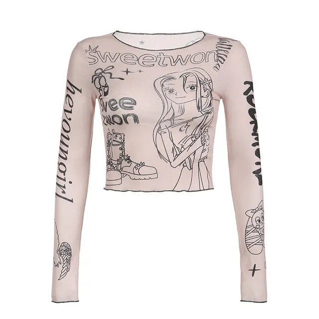 Girl's Dopamine Wear Cartoon Print Slim Fit Slimming Long Sleeves Mesh Top Skin Color - Shop at LoveMi