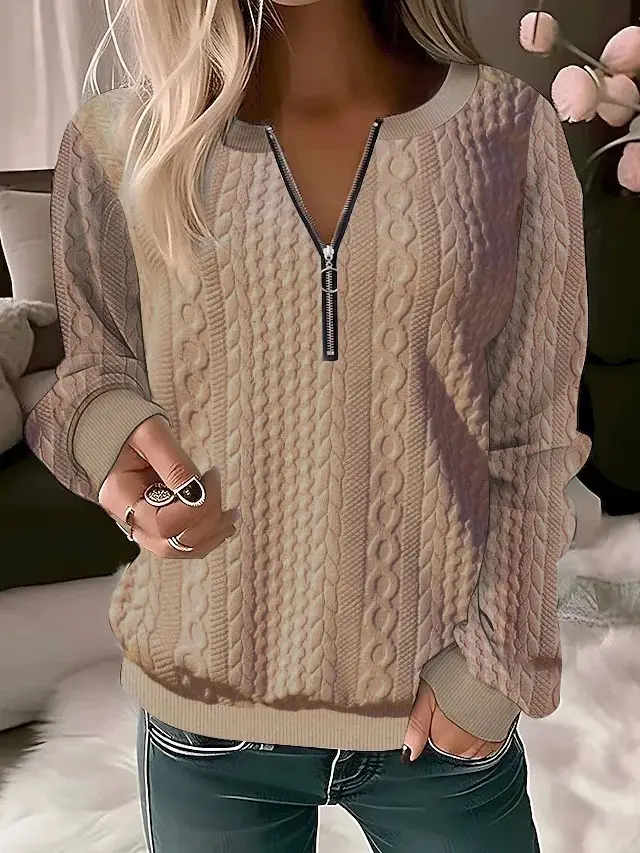 European And American Autumn And Winter New Women's Long Sleeve Solid Color And V neck Zipper T shirt Khaki - Shop at LoveMi