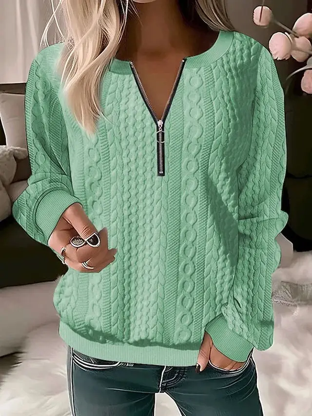 European And American Autumn And Winter New Women's Long Sleeve Solid Color And V neck Zipper T shirt Light Green - Shop at LoveMi