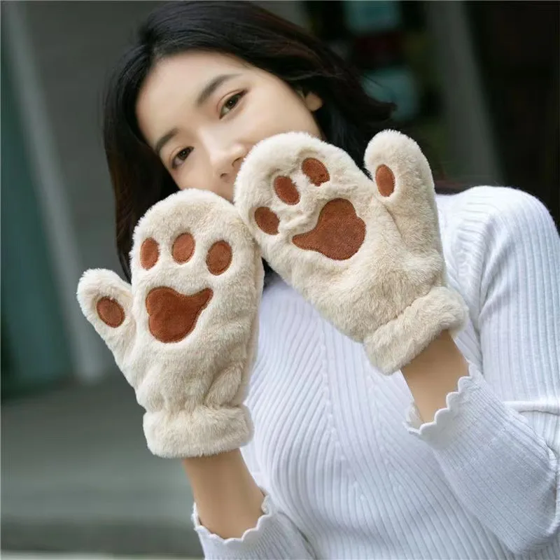 Plush Thickened Warm Plush Gloves Finger Cute Simple White Gloves - Embroidered Beige