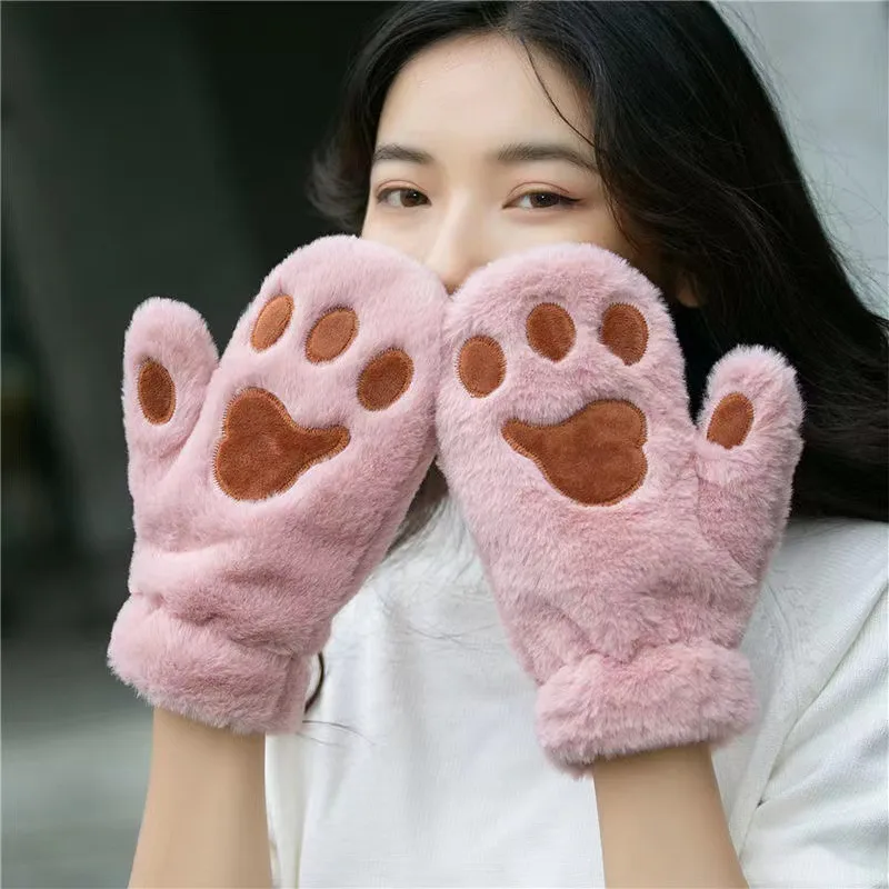 Plush Thickened Warm Plush Gloves Finger Cute Simple White Gloves - Embroidered Pink
