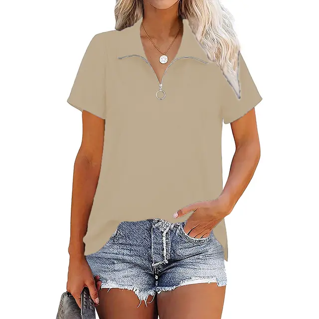 Thread Loose Zip Solid Color Top T shirt Apricot - Shop at LoveMi