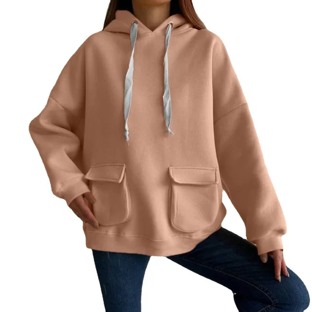 Loose Casual Long Sleeves Pocket Fleece Shirt Top Dark Pink - Shop at LoveMi