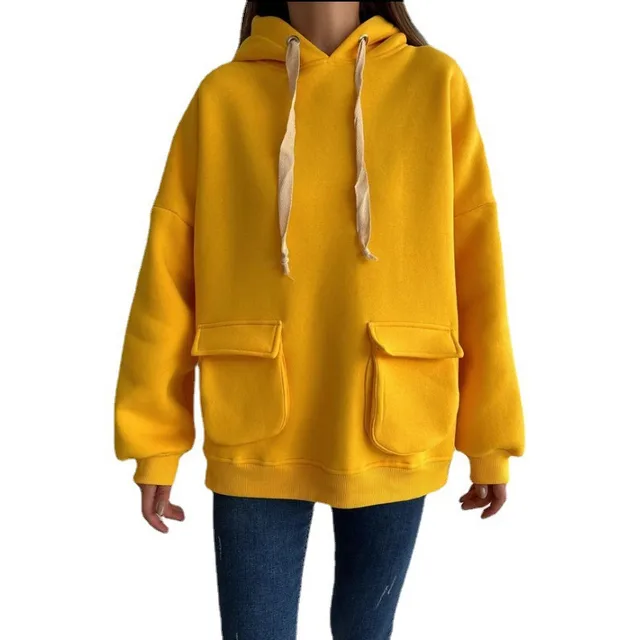 Loose Casual Long Sleeves Pocket Fleece Shirt Top Yellow - Shop at LoveMi