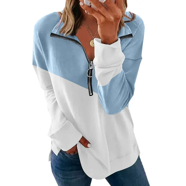 Women's Contrast Color Zipper Pullover Sweater Blue - Shop at LoveMi