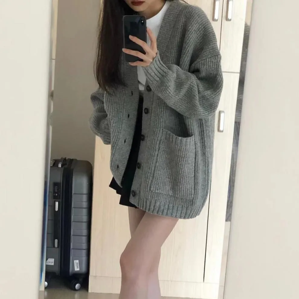 Student V neck Versatile Solid Color Knitted Coat Cardigan - Shop at LoveMi