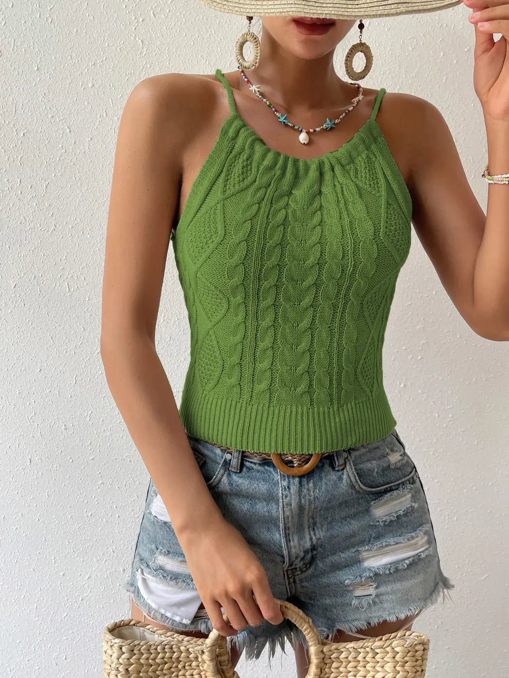 Polyester Backless Hemp Pattern Lace-up Halterneck Sling Top For Women - Green