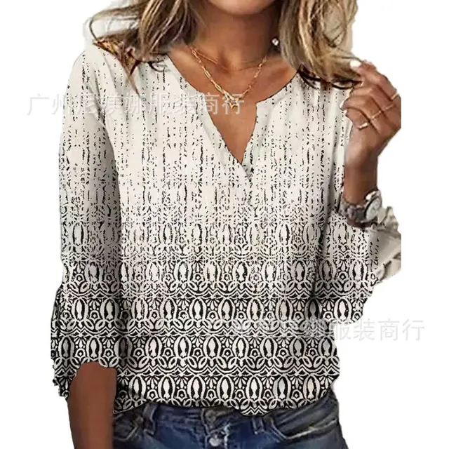 Printed V neck Flare Sleeve T shirt Black And White - Shop at LoveMi