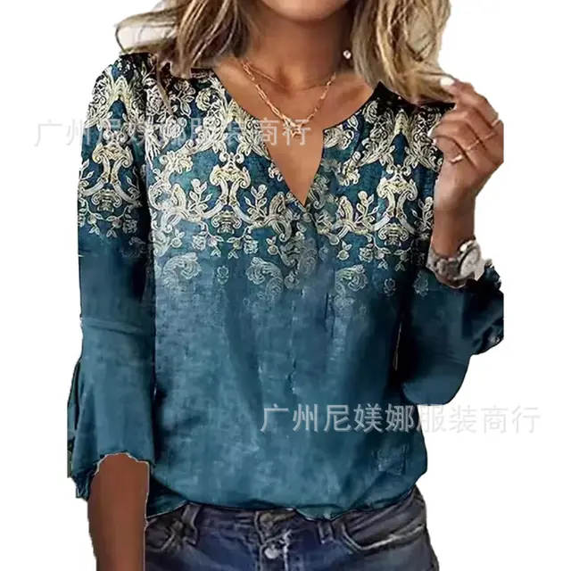 Printed V neck Flare Sleeve T shirt Blue - Shop at LoveMi