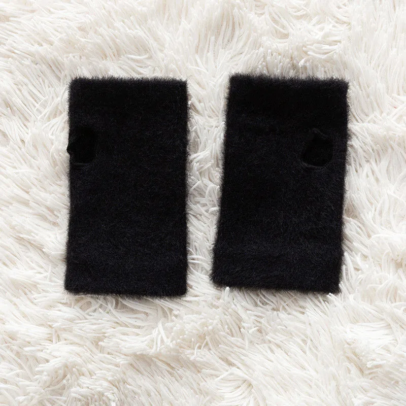 Autumn And Winter Mink Velvet Solid Colour Half Gloves Fleece-lined - Black Gloves