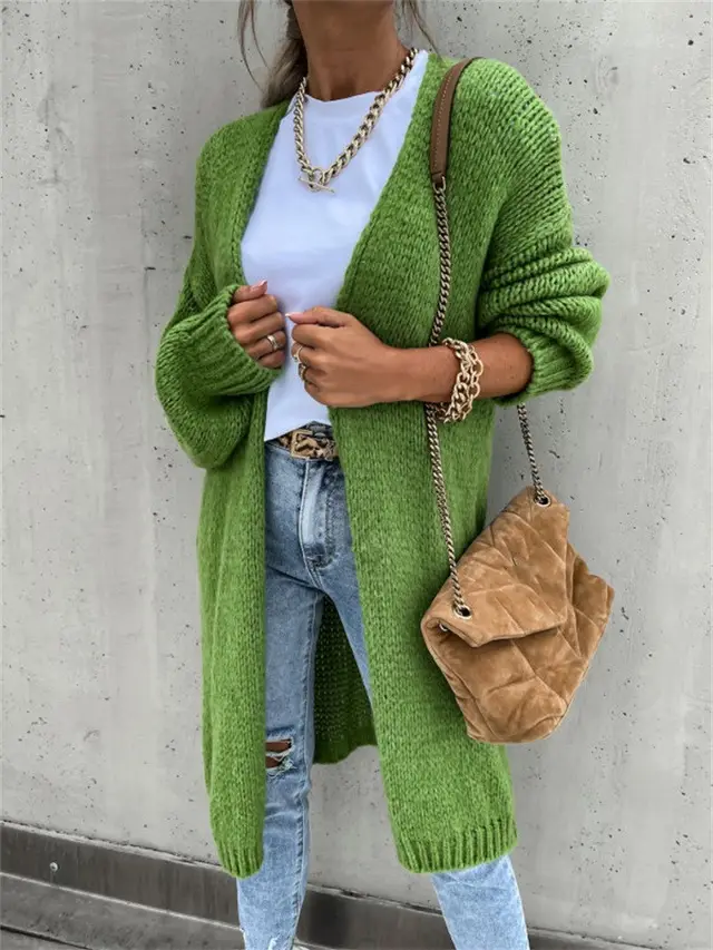 Autumn Solid Color Long Sleeve Knit Cardigan Jacket Green - Shop at LoveMi