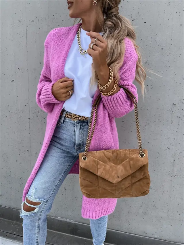 Autumn Solid Color Long Sleeve Knit Cardigan Jacket Pink - Shop at LoveMi