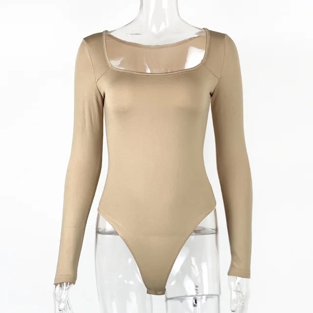 Women's Sexy Square Neck Bodysuit Long Sleeve Double Lined Shirt Tops Apricot - Shop at LoveMi