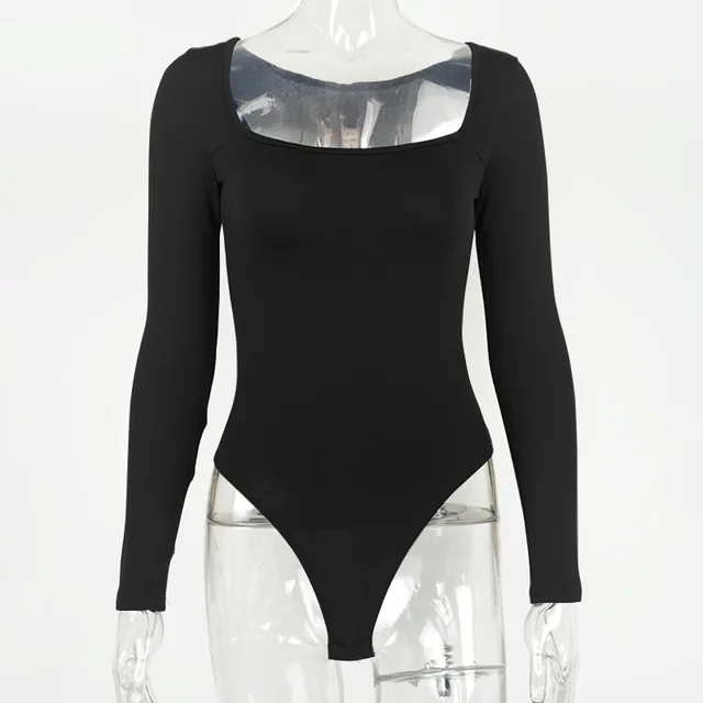 Women's Sexy Square Neck Bodysuit Long Sleeve Double Lined Shirt Tops Black - Shop at LoveMi