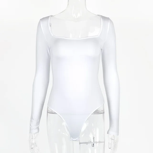 Women's Sexy Square Neck Bodysuit Long Sleeve Double Lined Shirt Tops White - Shop at LoveMi