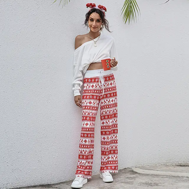 Christmas Print Pants Women Fashion Casual Drawstring Trousers With Christmas Snowflake Tree Elk Print Red Deer - Shop at LoveMi
