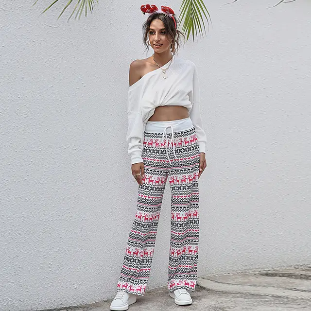 Christmas Print Pants Women Fashion Casual Drawstring Trousers With Christmas Snowflake Tree Elk Print White Deer - Shop at LoveMi