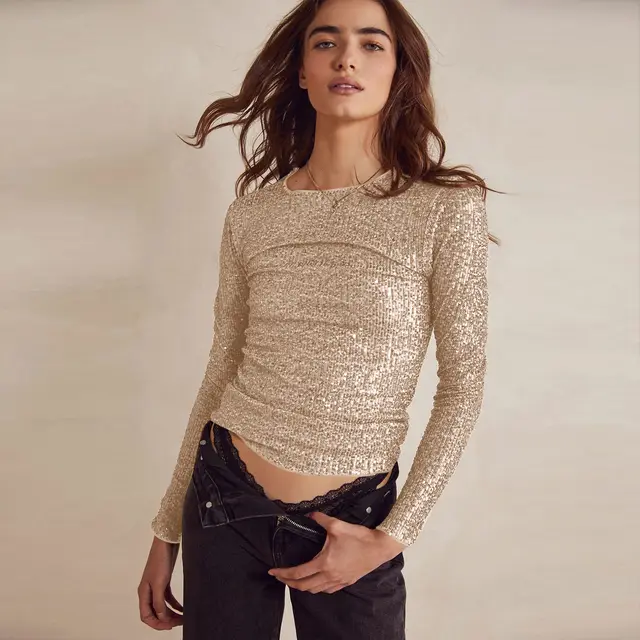 Women's Fashionable Sequins Solid Color Long Sleeve Slim fit Top Apricot - Shop at LoveMi