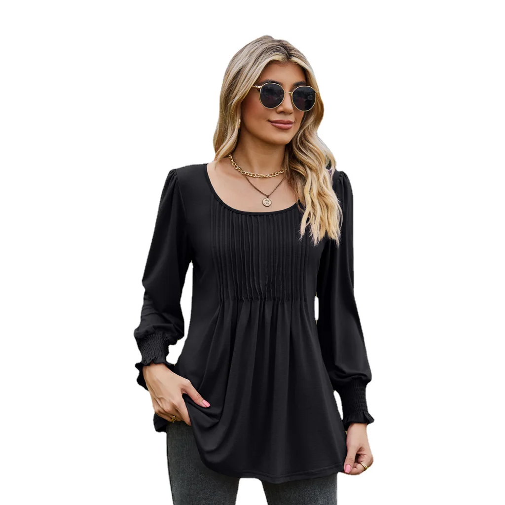Solid Color Round Neck Drawstring Cuff Smocking Top - Black