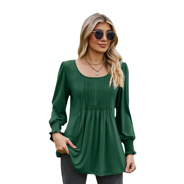 Solid Color Round Neck Drawstring Cuff Smocking Top Dark Green - Shop at LoveMi