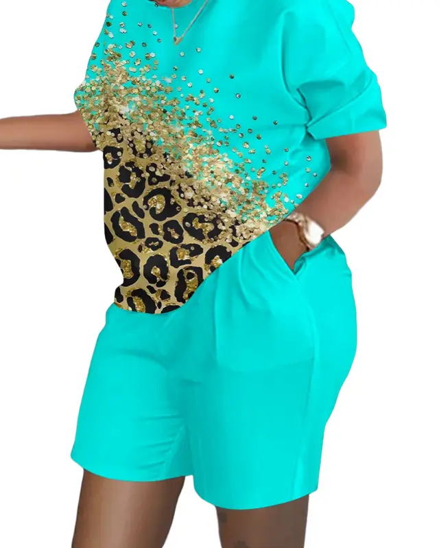Women's Printed Short sleeved Two piece Commuter Suit Turquoise Print - Shop at LoveMi