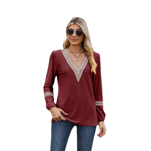 Lace V neck Patchwork Long Sleeve Loose fitting T shirt Top Wine Red - Shop at LoveMi