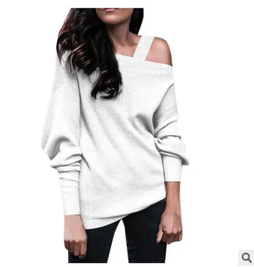 Long Sleeve Solid Color Rib Fabric Shoulder baring Sweater Sweater White - Shop at LoveMi