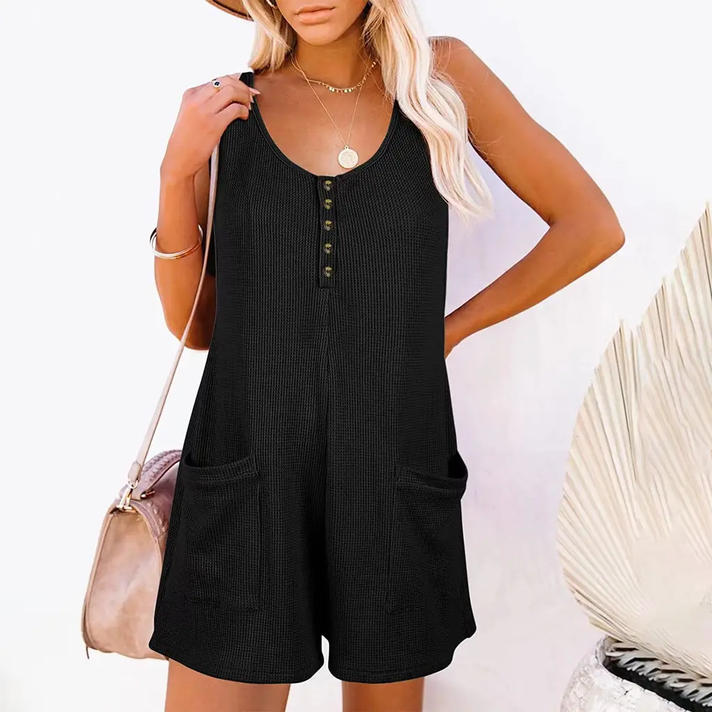 European American Summer New Women's Loose Casual Button Pocket Vest Jumpsuit - Black