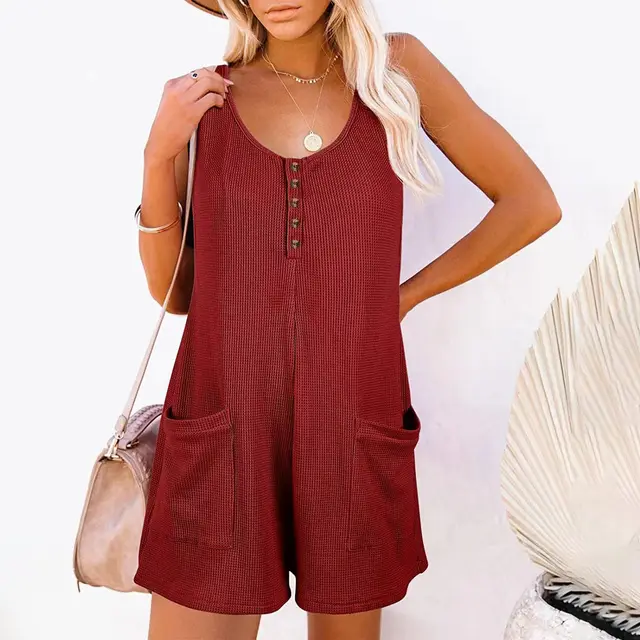 European American Summer New Women's Loose Casual Button Pocket Vest Jumpsuit Wine Red - Shop at LoveMi