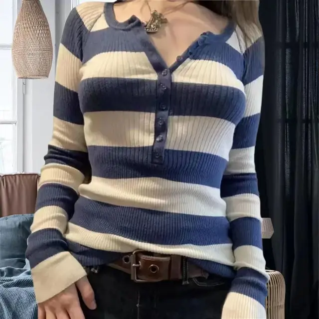 Commuter Contrast Color Striped Top Casual Versatile Loose Slimming Sweater Blue - Shop at LoveMi