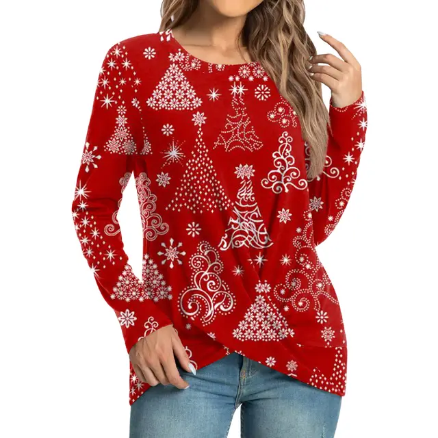 Women's Fashion Casual Christmas Element Printing Round Neck Long Sleeve Top Red - Shop at LoveMi