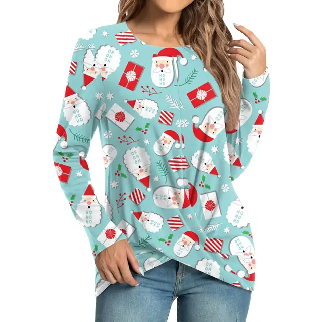 Women's Fashion Casual Christmas Element Printing Round Neck Long Sleeve Top Sky Blue - Shop at LoveMi