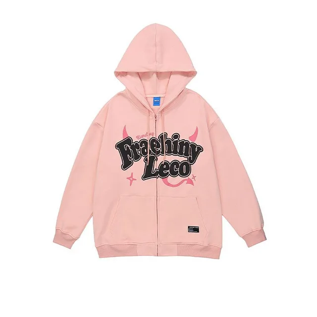 Fraehiny Printed Cardigan Sweater Zipper Hooded Sweatshirt Coat Pink - Shop at LoveMi