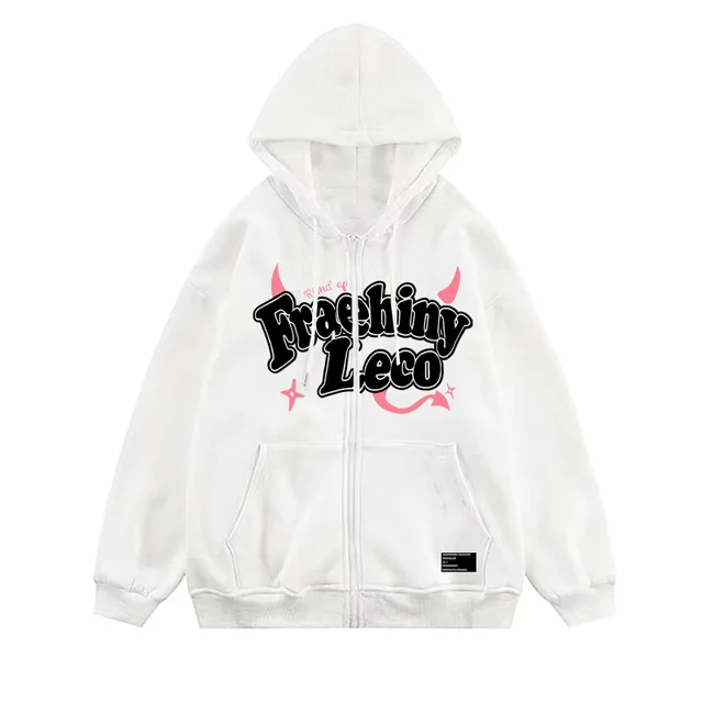Fraehiny Printed Cardigan Sweater Zipper Hooded Sweatshirt Coat White - Shop at LoveMi